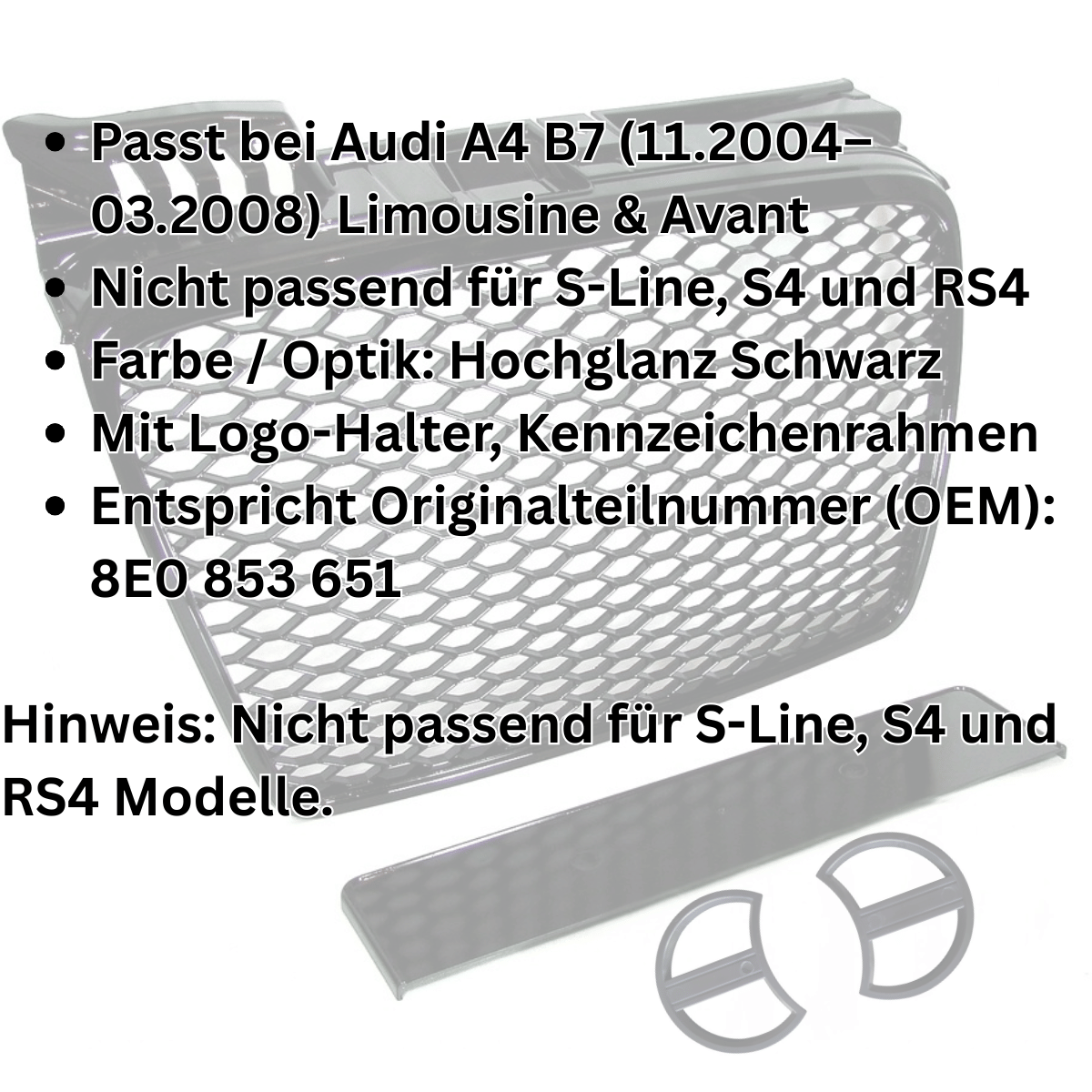 Sport Kühlergrill in Schwarz glänzend für Audi A4 B7 2004-2009 glanz Klavierlack