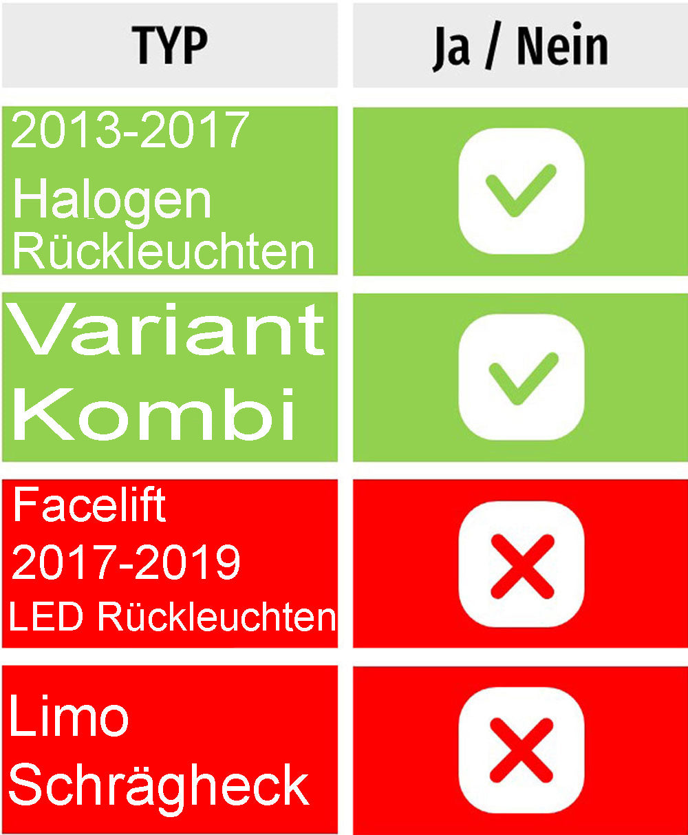 Vergleichstabelle: LED Rückleuchten für Kombi 2013-2017 vs. Facelift 2017-2019 und Limo Schrägheck