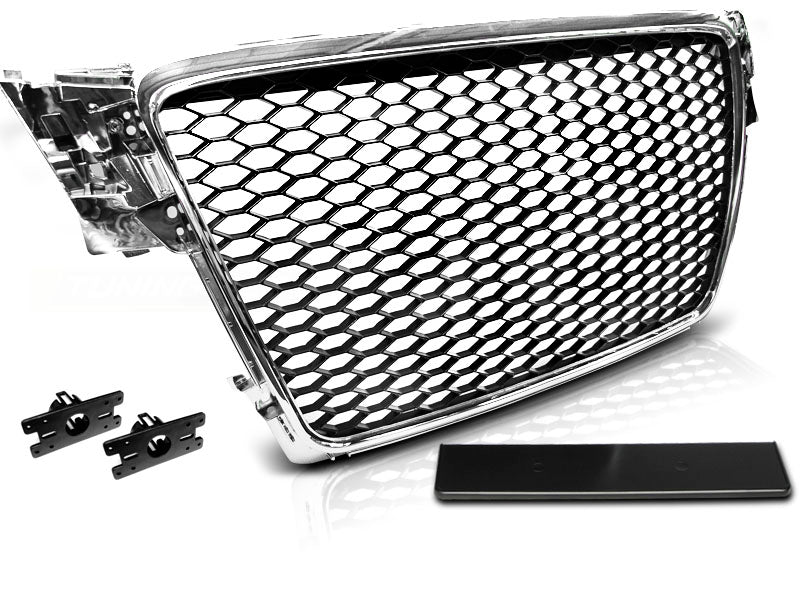 grill Wabendesign Chrom mit Halterungen und Kennzeichenblende für Audi A4 B8 Kühler