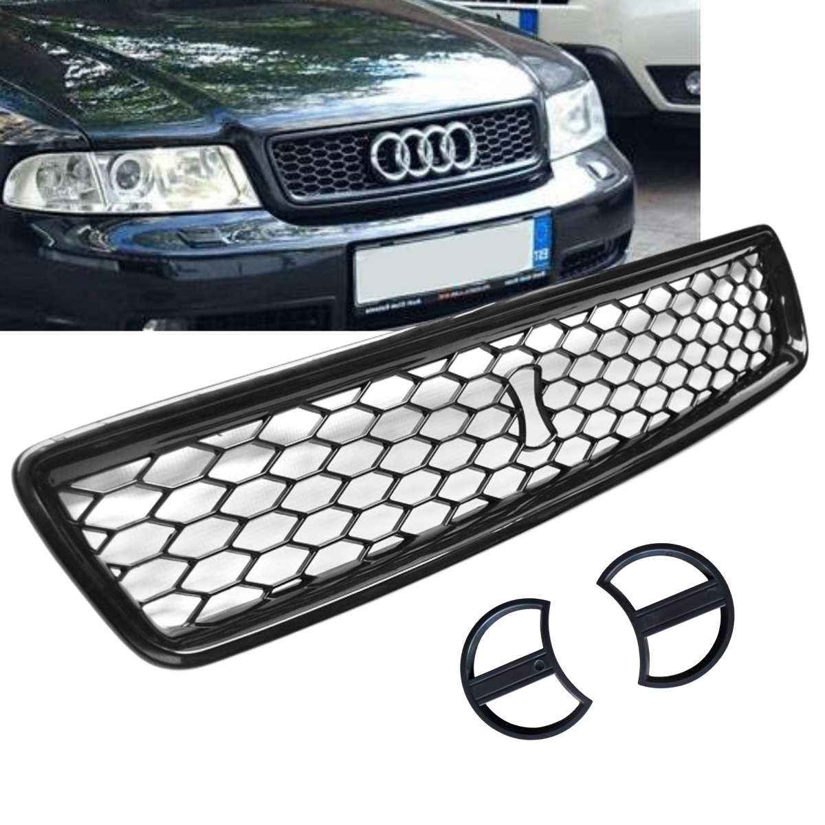 Frontgrill Wabengrill für Audi A4 B5 11.1994 - 09.2000 schwarz Sportgrill inkl. Logo Halter