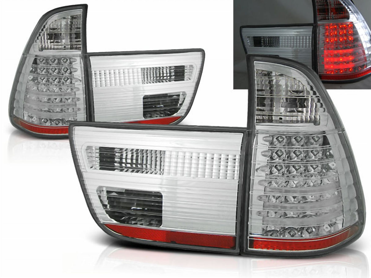 LED Rückleuchten Set chrom für BMW X5 E53, klare Optik mit roten Akzenten, Tuning Zubehör
