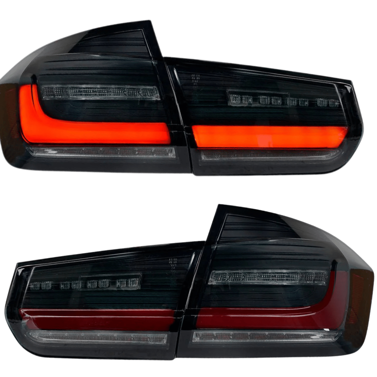 Schwarze LED Rückleuchten für BMW E90 E91 mit dynamischem Blinker und rotem Akzent