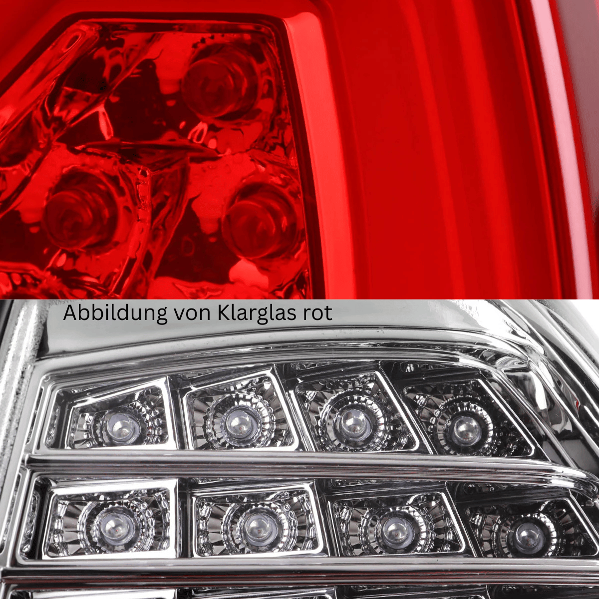 Rückleuchten rot klar mit LED-Technik für KFZ-Tuning, detaillierte Ansicht der Leuchtelemente