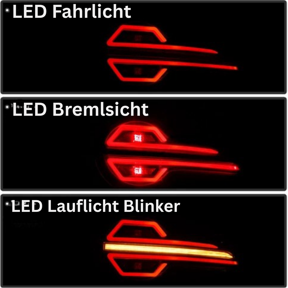 LED Rückleuchten im Fahrlicht-, Bremslicht- und Lauflicht Blinker Modus für KFZ Tuning