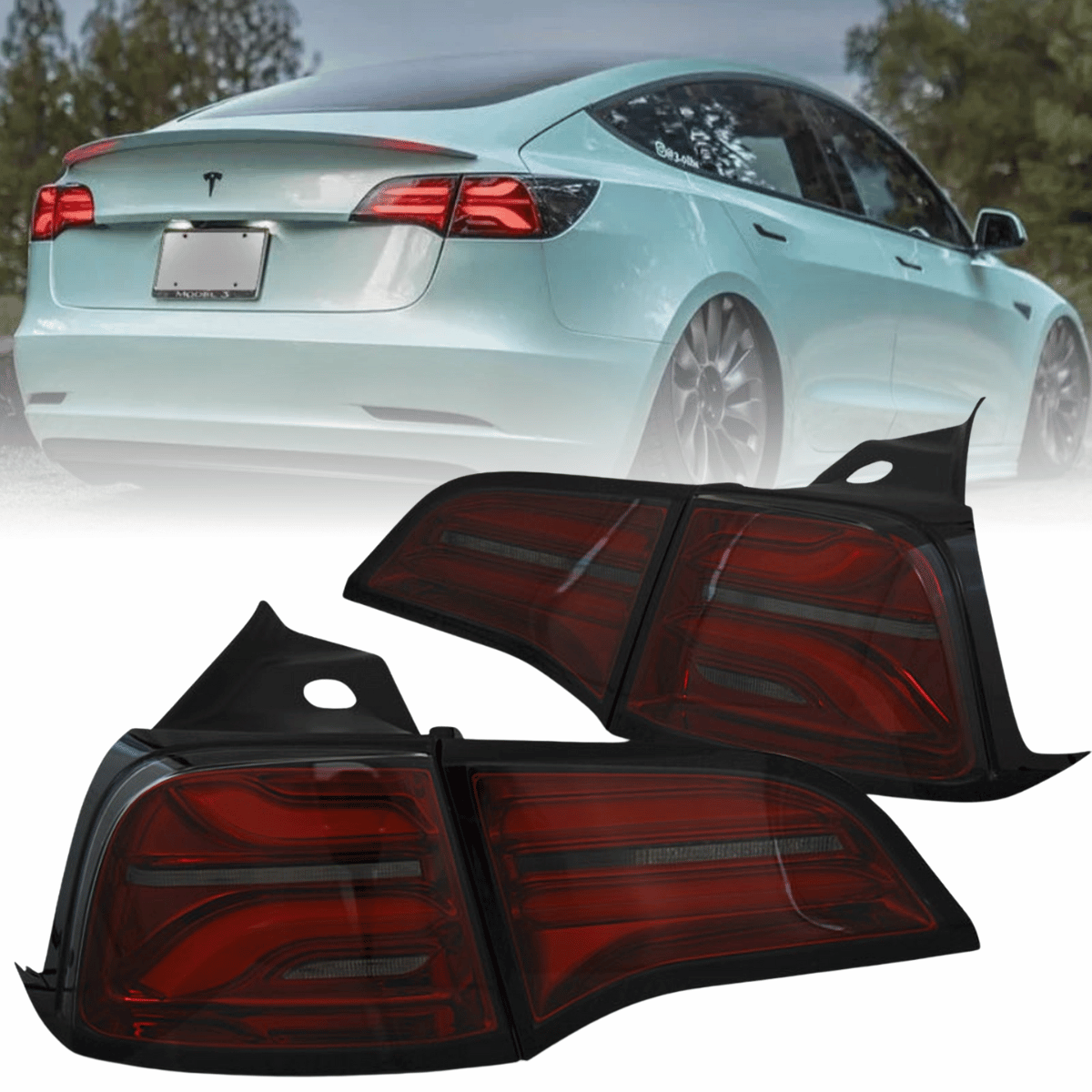 Voll LED Rückleuchten Set Rot-Smoke für Tesla Model 3, Model Y 2017-2023 mit LED Lightbar & dynamischem Blinker