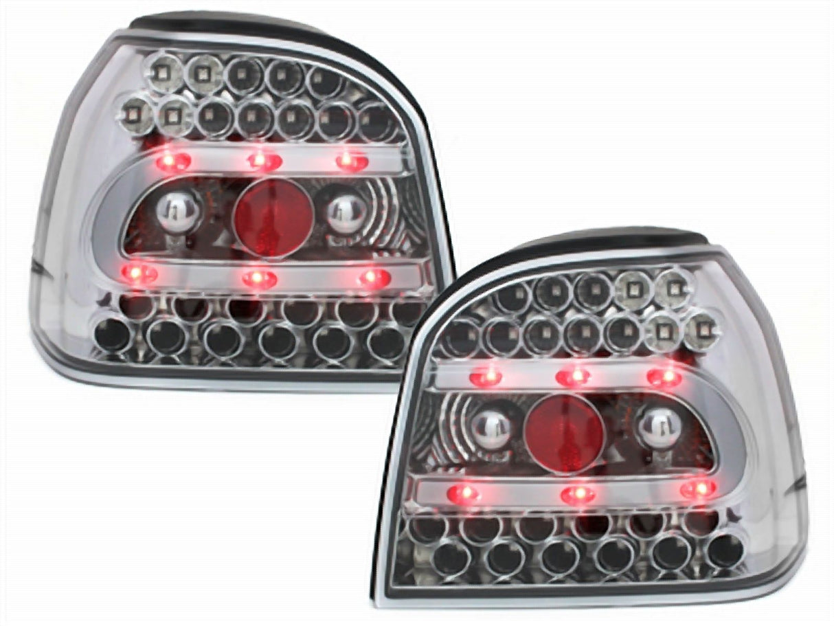 LED Rückleuchten chrom VW Golf III 3 1991-1997 mit roten LEDs und Chrom-Reflektoren
