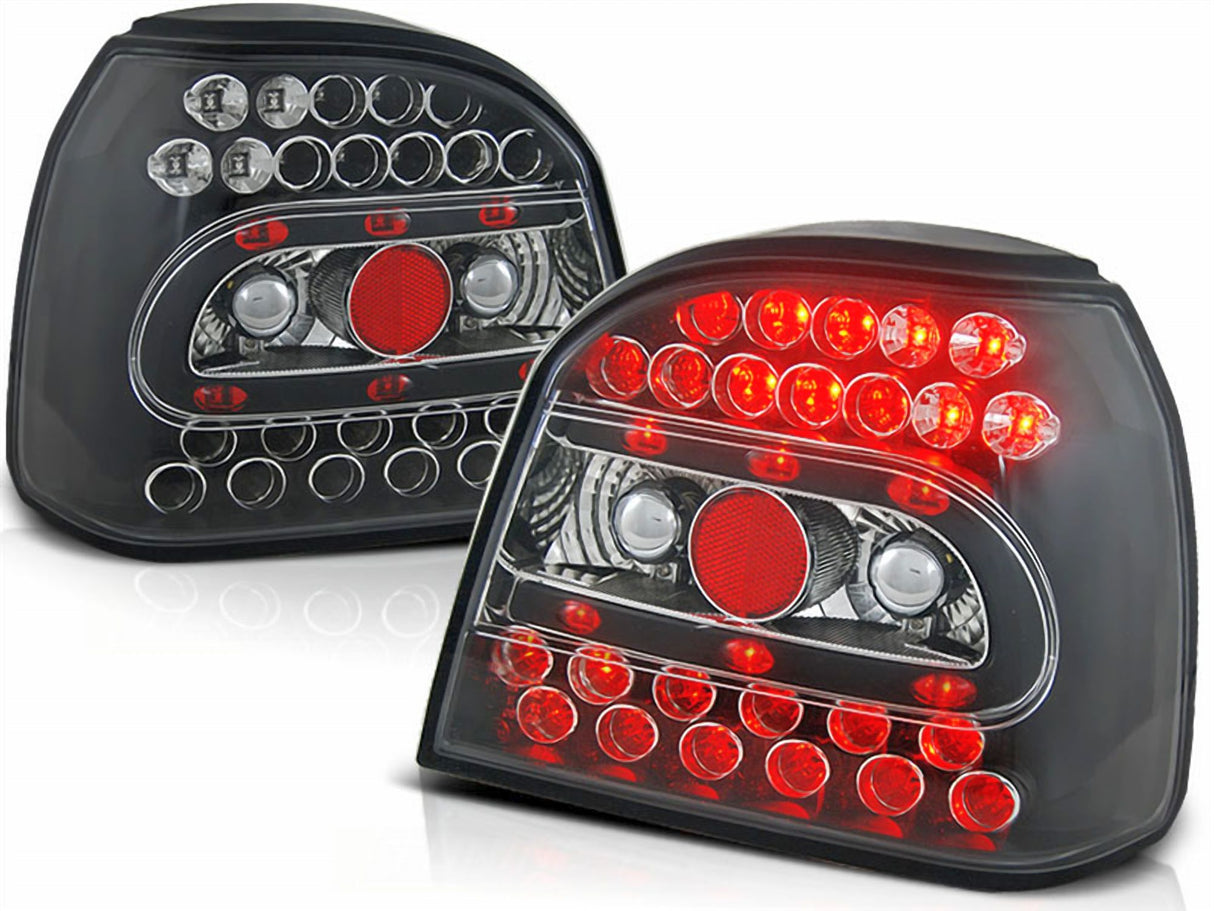LED Rückleuchten schwarz für VW Golf III 3, mit roten Leuchten und Chromringen