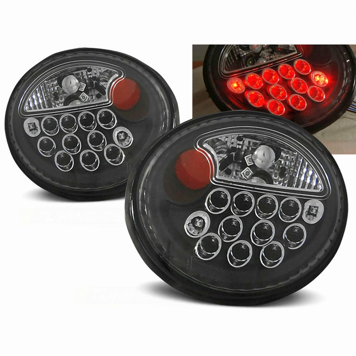 Schwarze LED Rückleuchten VW New Beetle 1998-2005 mit roten LEDs und Chromringen