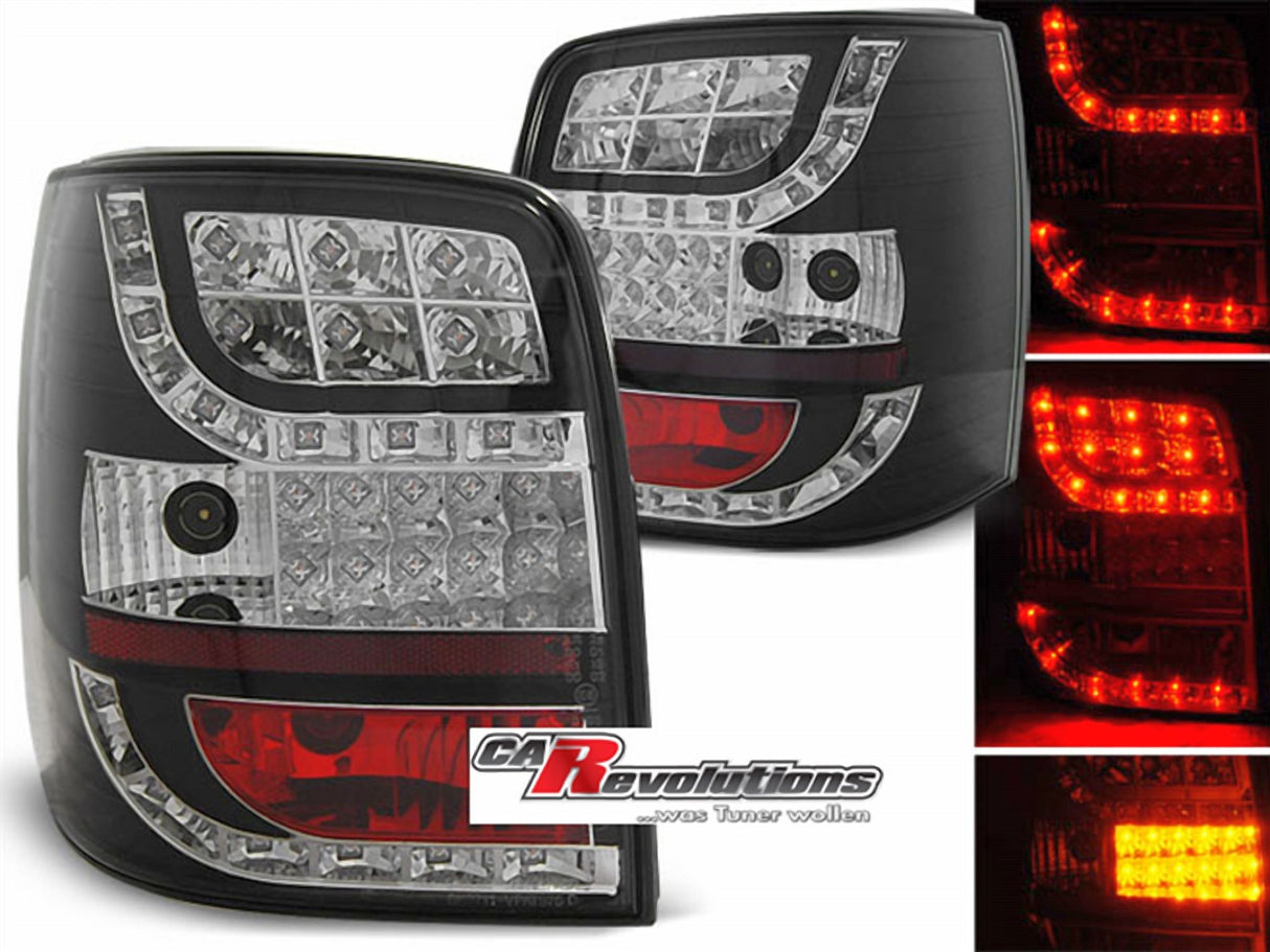 Schwarze LED Rückleuchten für VW Touareg 7L mit Klarglas und roten Akzenten, Tuning Zubehör