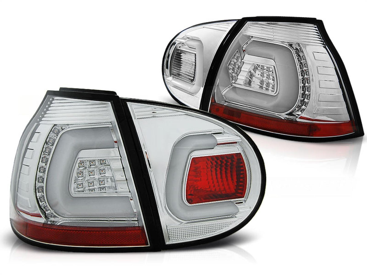 LED Rückleuchten für VW Golf 6, Klarglas mit Chrom-Akzenten und roten Bremslicht-Elementen