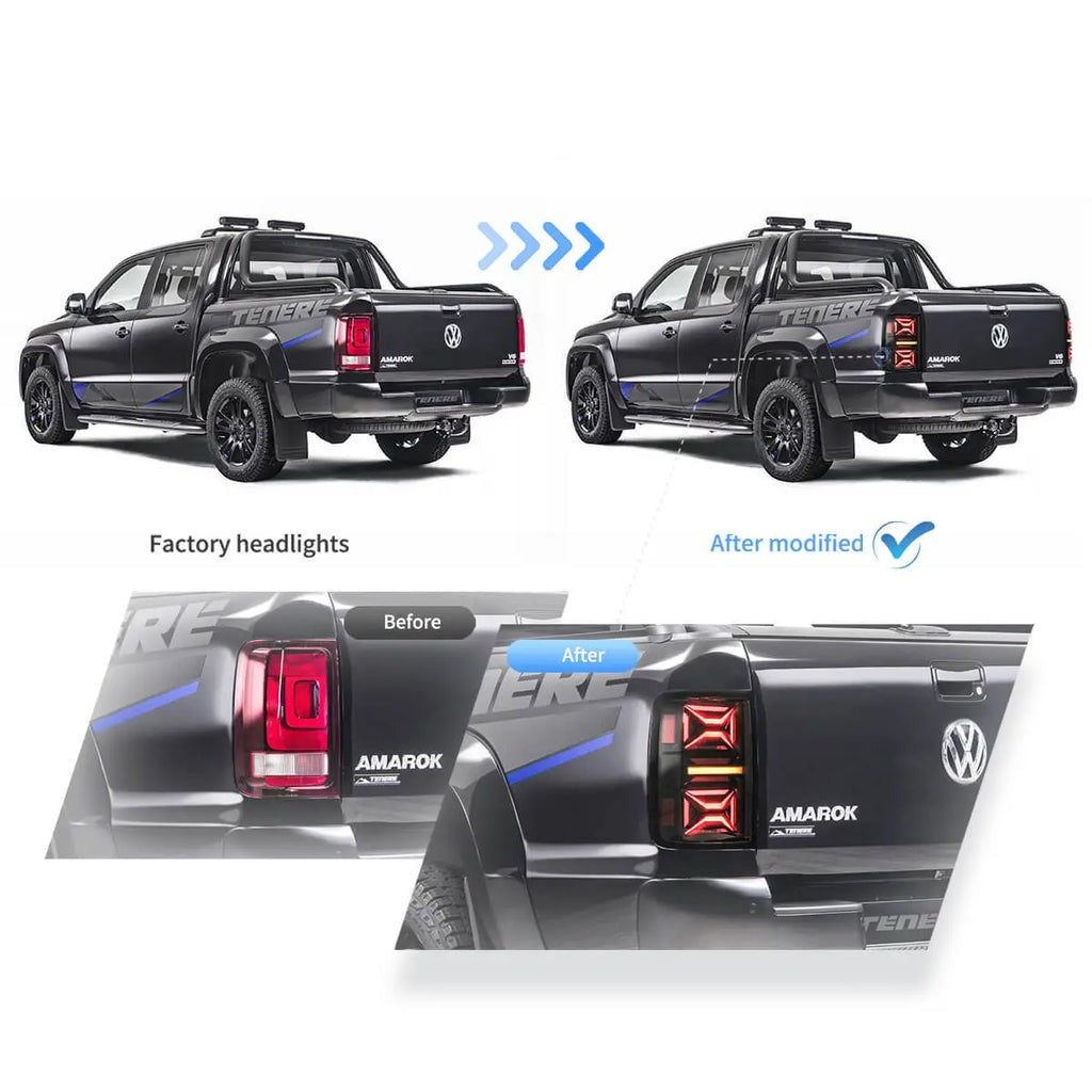 leuchten LED rot schwarz im Vergleich: Vorher/Nachher Tuning für mehr Style für VW Amarok Rück