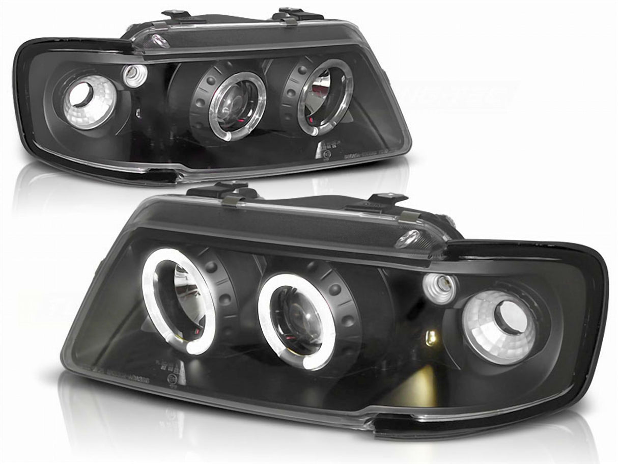 Angel Eyes Scheinwerfer Set in Schwarz für Audi A3 8L 09/1996–08/2000 mit LED-Ringen & integriertem Blinker