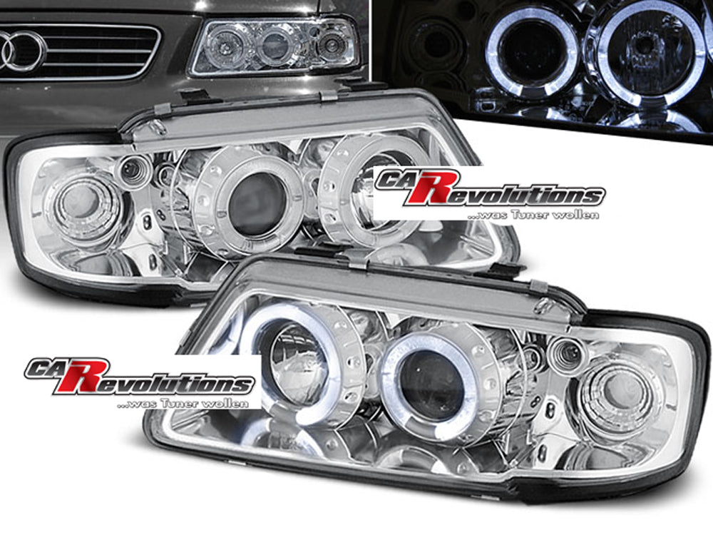 Scheinwerfer mit LED Tagfahrlicht Ringen Chrom für Audi A3 8L Klarglas