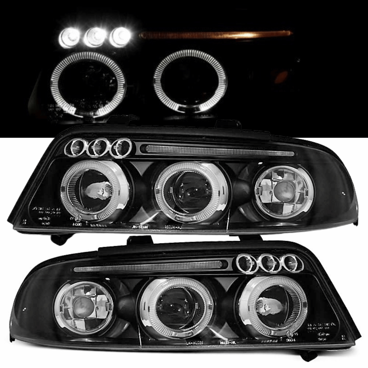 Schwarze Scheinwerfer mit Ringen und Lichtern für Fahrzeuge, LED-Tuning-Zubehör von CR-Tuning