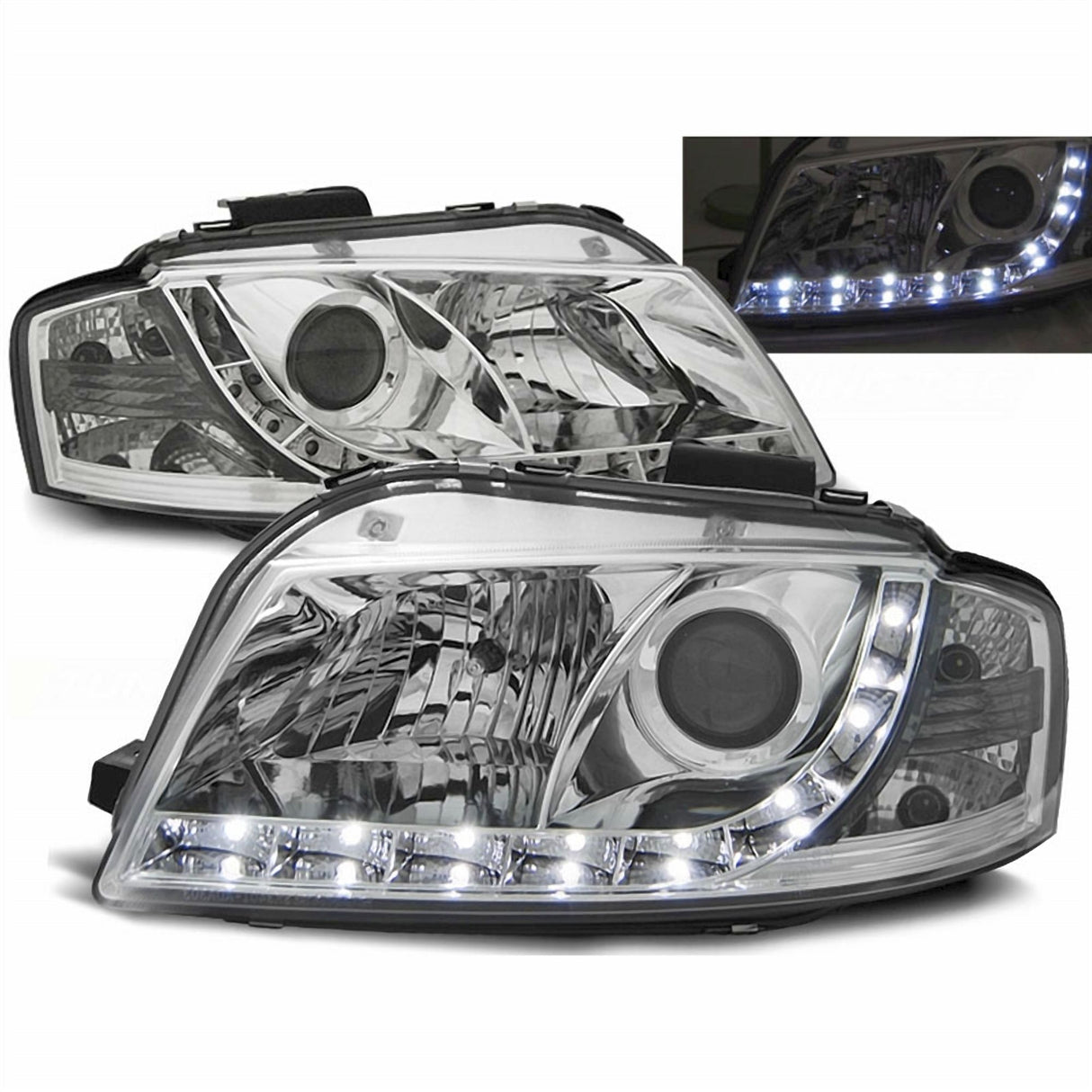 Chrom LED Scheinwerfer Set für Audi A3 8P 05-08 mit Tagfahrlicht-Optik