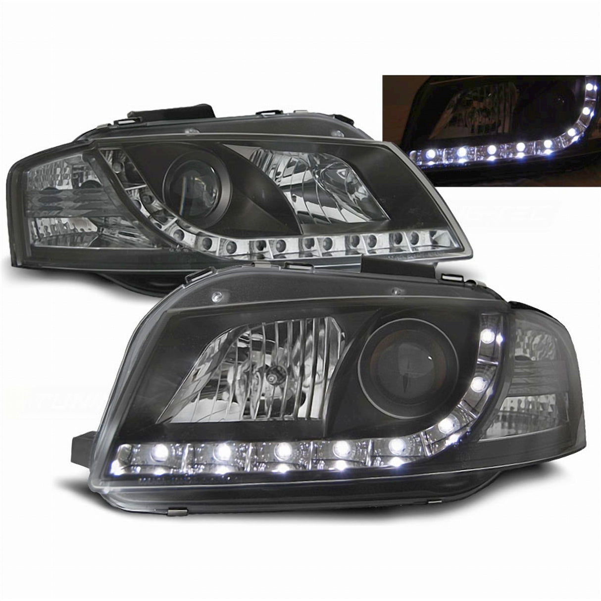 Schwarze LED Scheinwerfer für Audi A3 8P 05-08 mit Tagfahrlicht-Optik