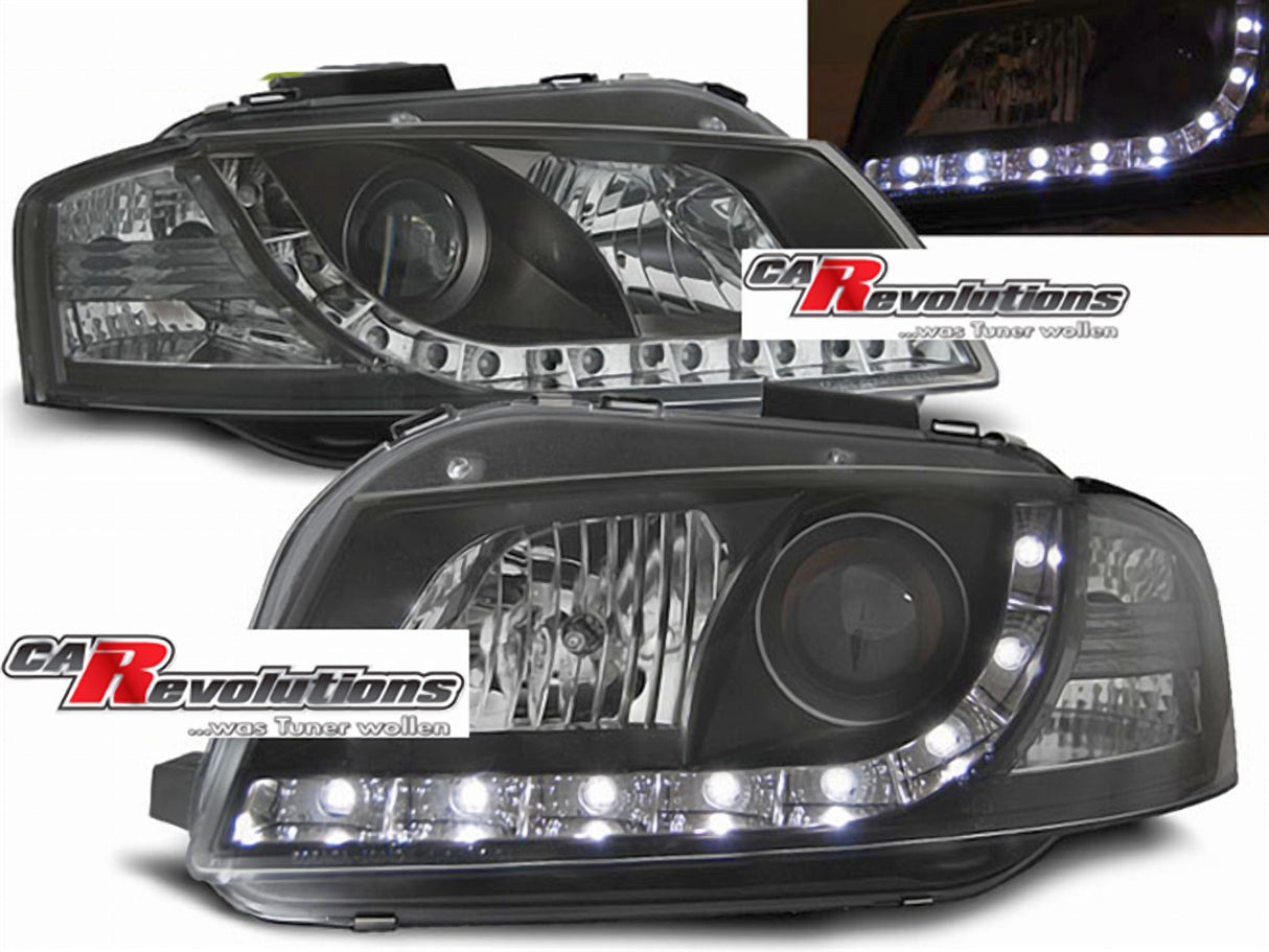 Schwarze LED Scheinwerfer mit Tagfahrlicht für Audi A4 B6 8E 00-04 CR-Tuning