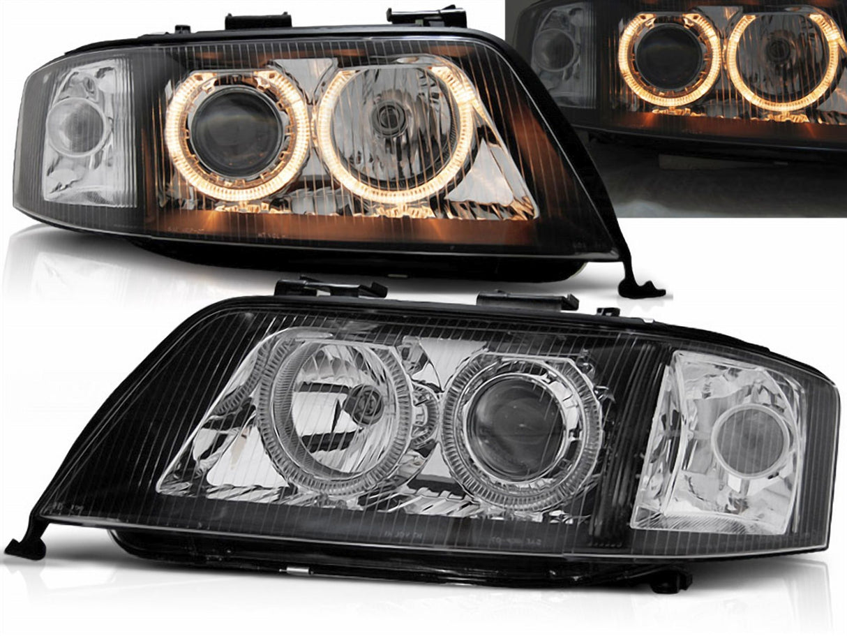 Angel Eyes Scheinwerfer schwarz Audi A6 97-01, LED Ringe, Tuning Scheinwerfer