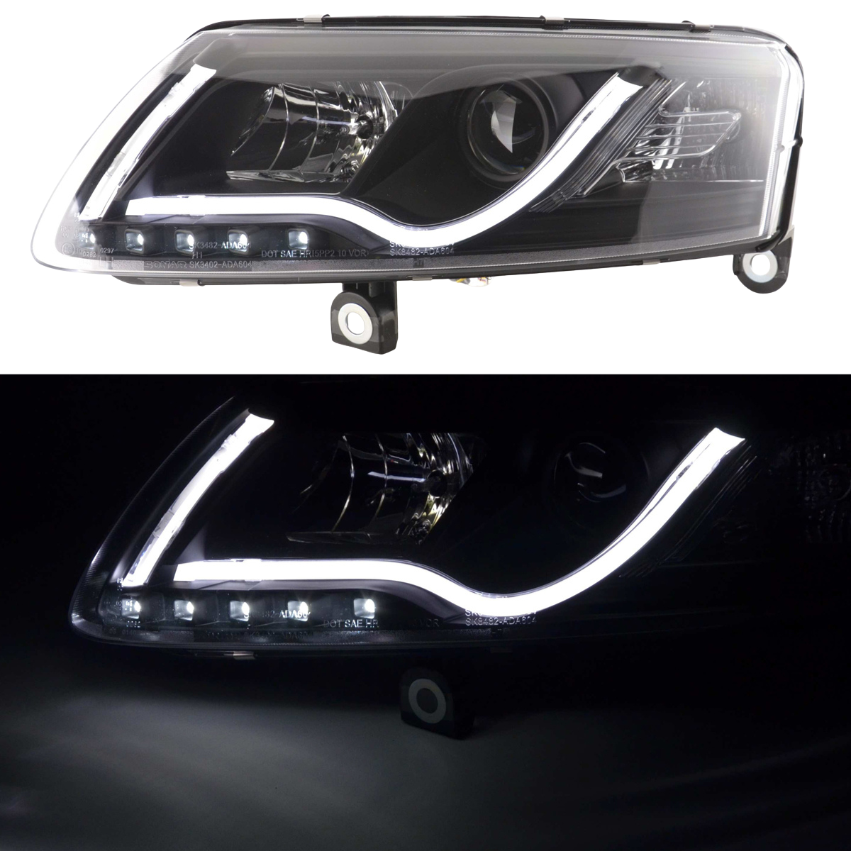 Schwarze LED-Scheinwerfer mit Tagfahrlicht für Audi A4 B8 8K Facelift, Tagfahrlichtstreifen und LED-Positionslicht