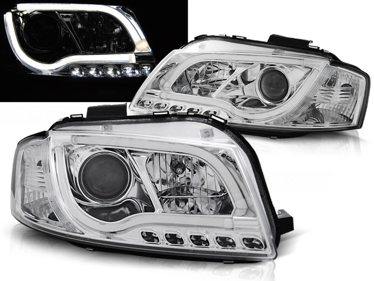 Chrom LED Scheinwerfer LightTube Audi A3 8P 05-08 mit Tagfahrlicht-Optik