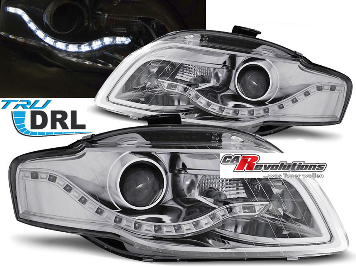 LED Scheinwerfer Set Chrom DRL für Audi A4 B7 11.04-03.08 mit Tagfahrlicht Streifen