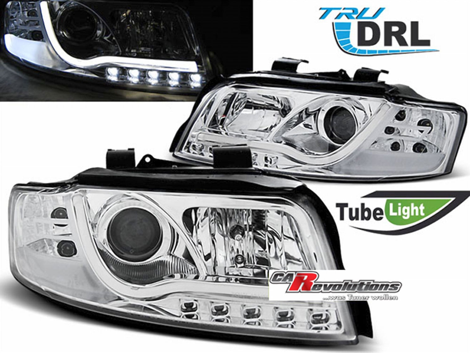 Led Light Tube Scheinwerfer in chrom für Audi A4 B6 10.2000-10.2004