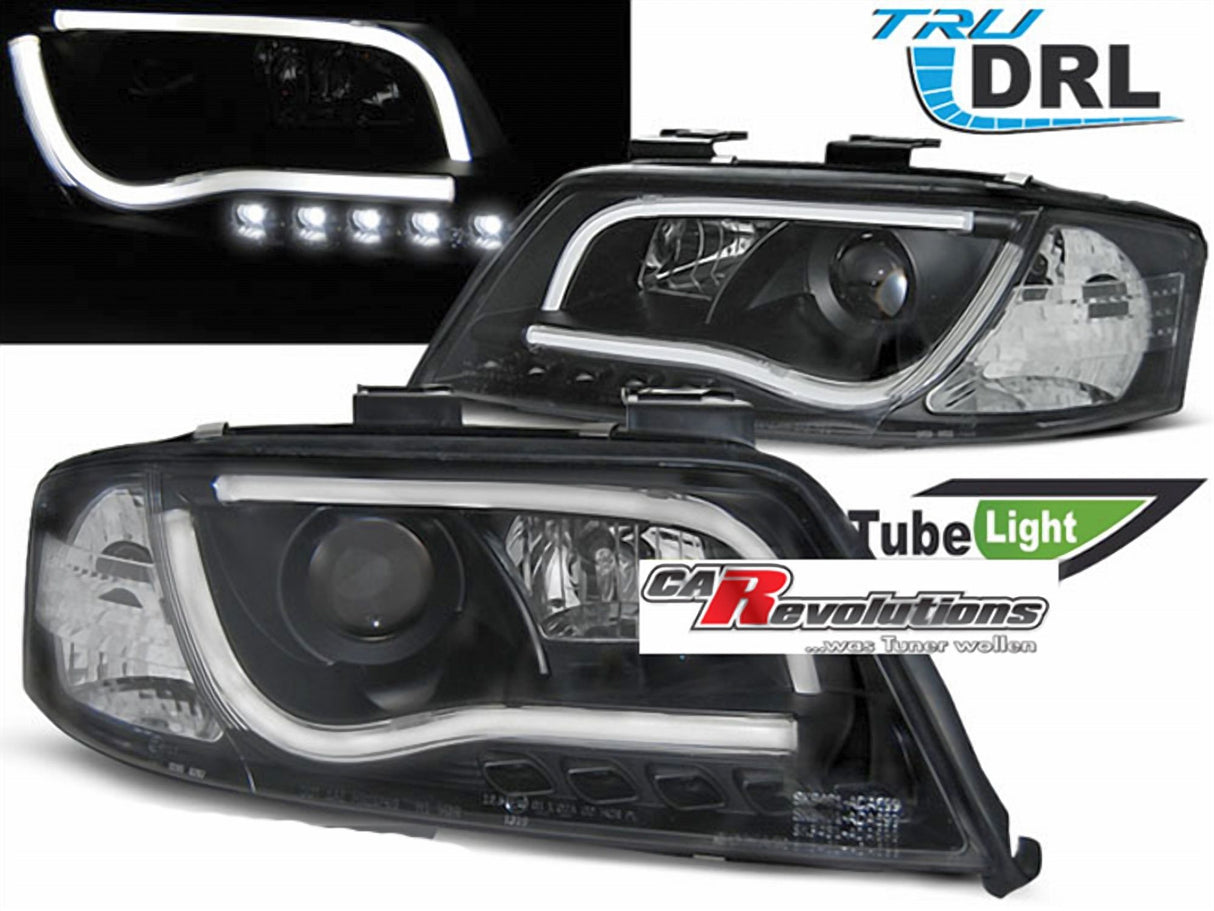 Schwarze LED Scheinwerfer mit Tagfahrlicht für Audi A4 B7, Tuning Scheinwerfer mit Röhrenlicht