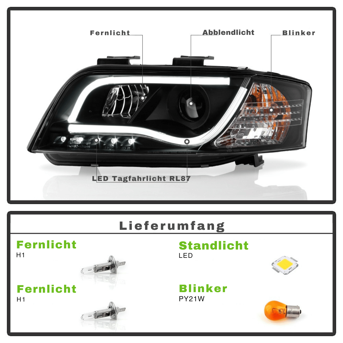 Led Tagfahrlicht Scheinwerfer in schwarz für Audi A6 C5 4B 06.2001-05.2004