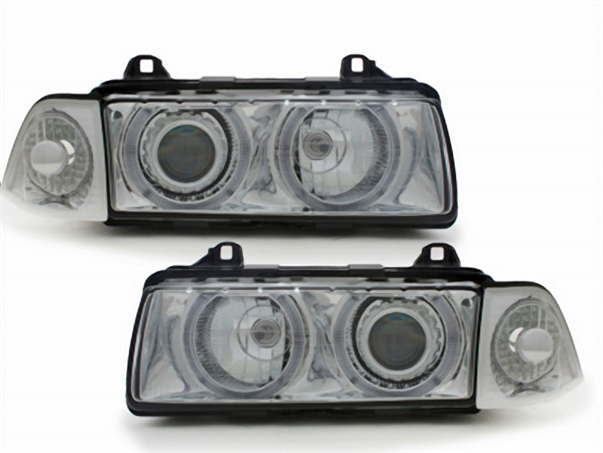 Scheinwerfer mit Angel Eyes Ringen und Klarglas für sportlichen Look für BMW E36