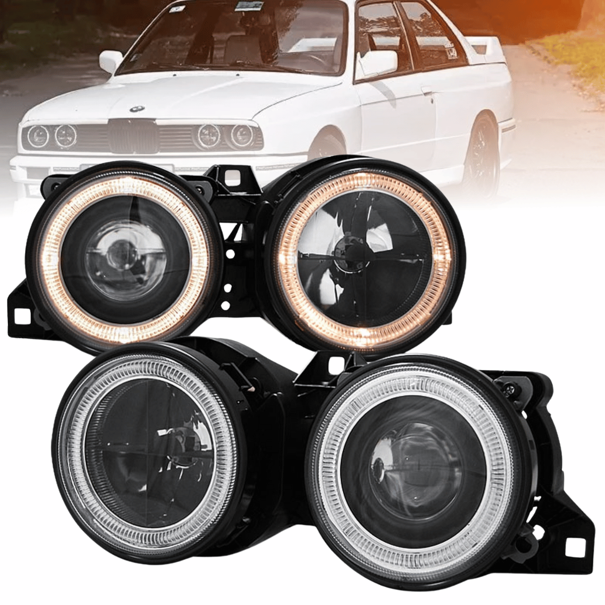 Scheinwerfer Set Angel Eyes für BMW 3er E30 1987–1994 Schwarz Fadenkreuz