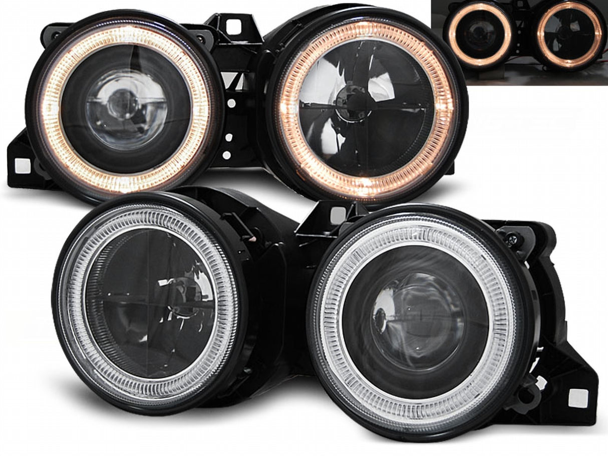 Scheinwerfer Set Angel Eyes für BMW 3er E30 1987–1994 Schwarz Fadenkreuz