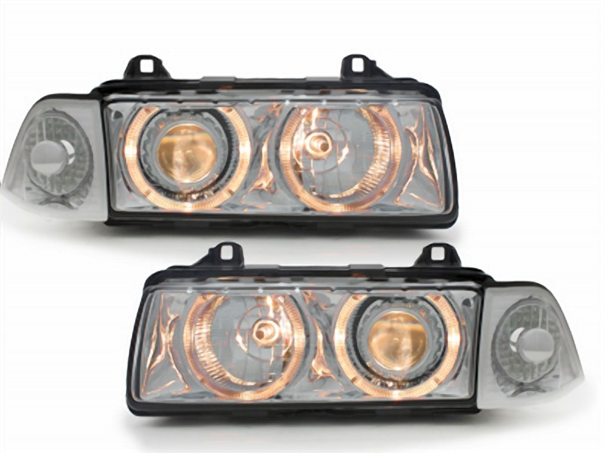 Scheinwerfer mit Angel Eyes Ringen, Klarglas, LED-Standlicht, Tuning-Scheinwerfer für BMW E36