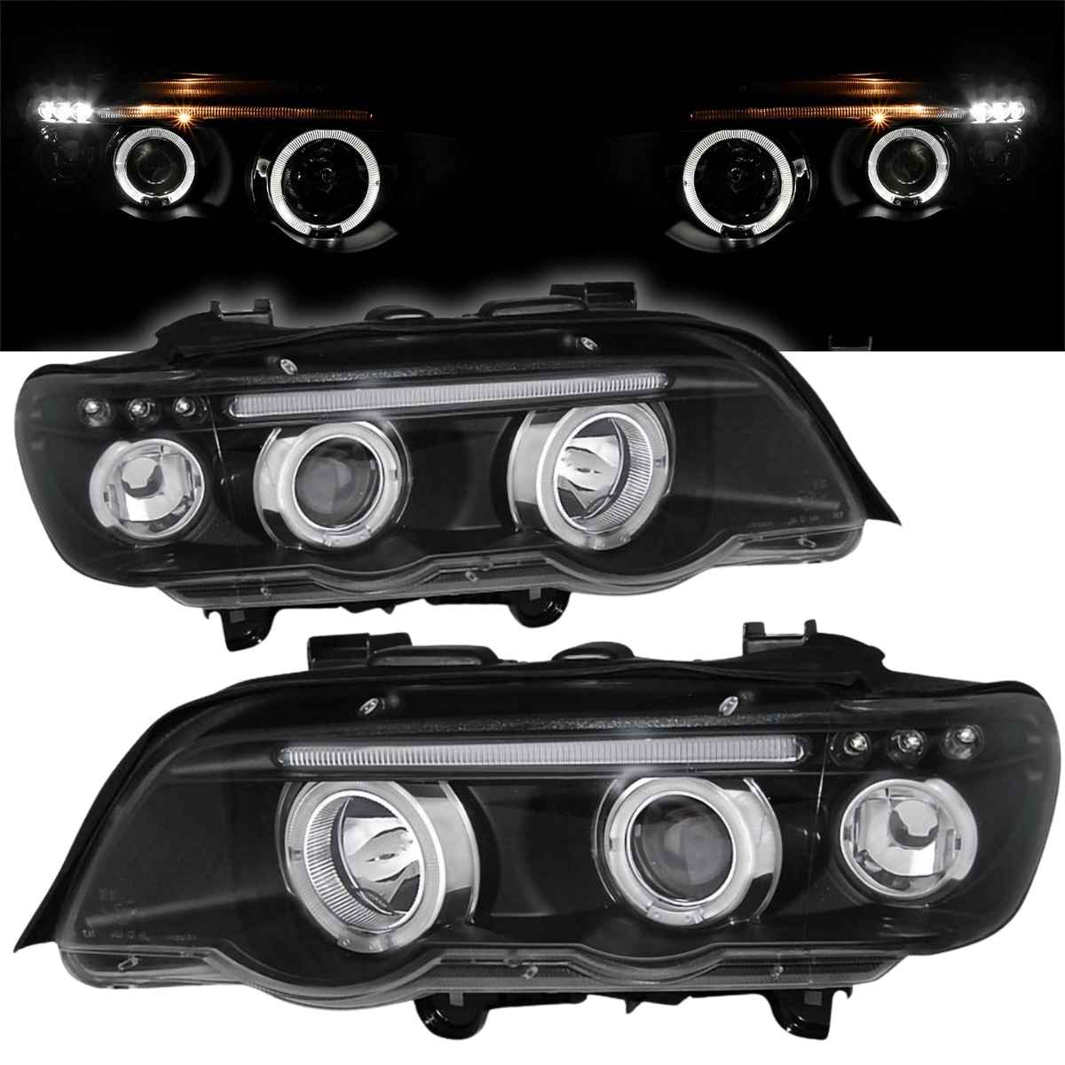 Scheinwerfer mit Ringen und LED-Leiste, schwarze Klarglasoptik für Tuning für BMW E39