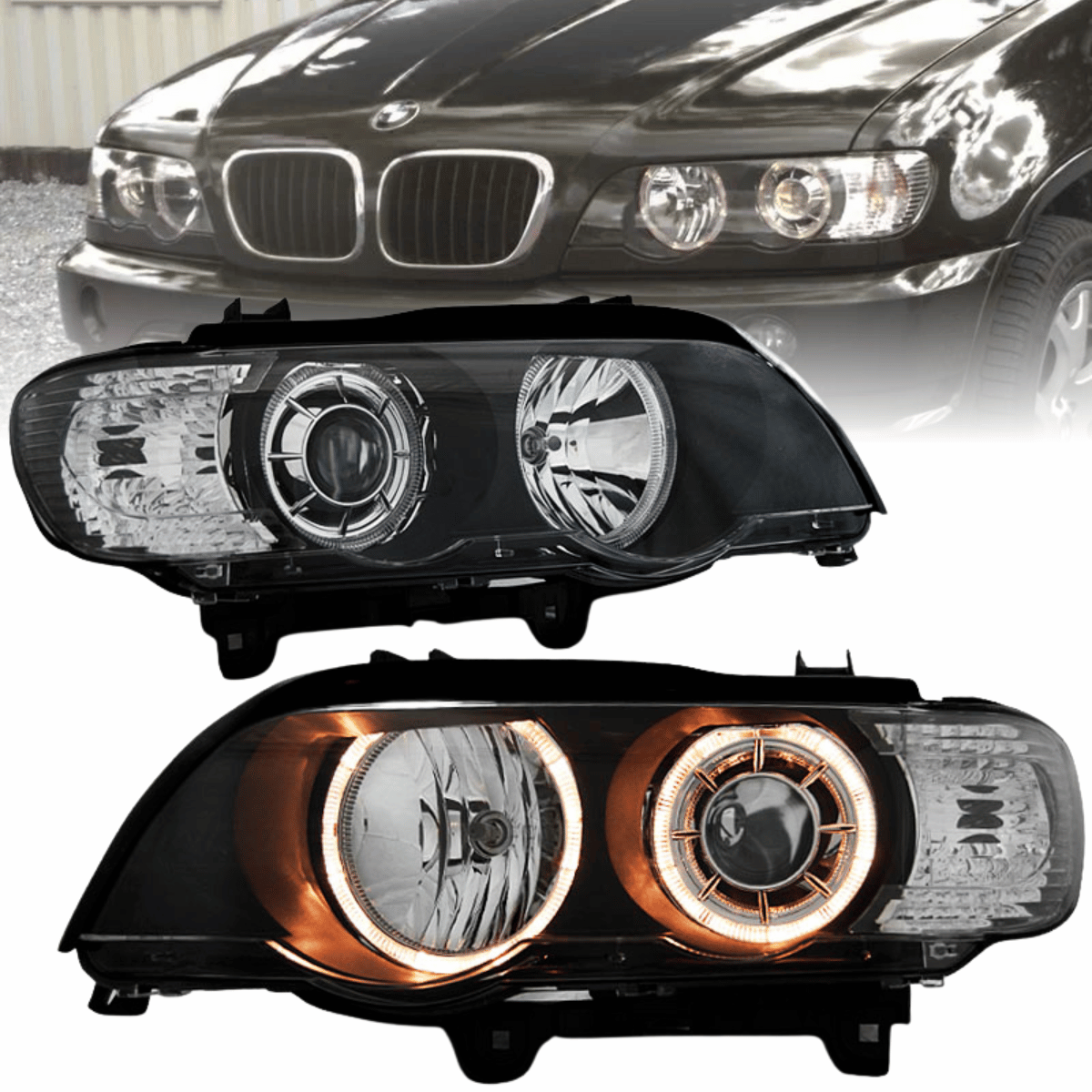 Angel Eyes Scheinwerfer schwarz für BMW X5 E53 1999-2003, LED Tagfahrlicht Optik