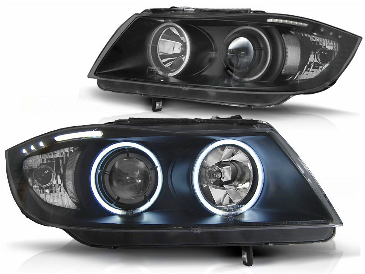 Scheinwerfer mit LED Standlicht und Angel Eyes Ringen, schwarz, Tuning Scheinwerfer für BMW E90 E91