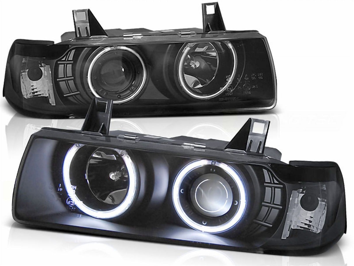 Schwarze Scheinwerfer mit Ringen für BMW E36, LED-Standlicht, Tuning-Scheinwerfer