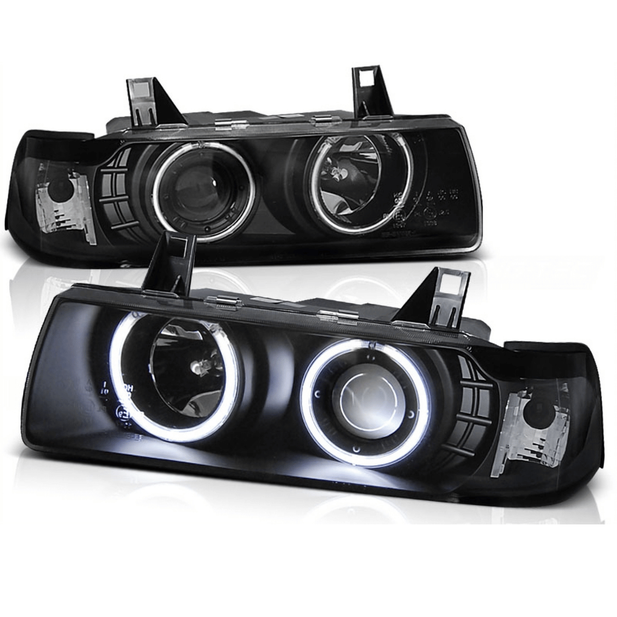 Schwarze Scheinwerfer mit Ringen für BMW E36, LED-Tagfahrlicht, Tuning-Scheinwerfer