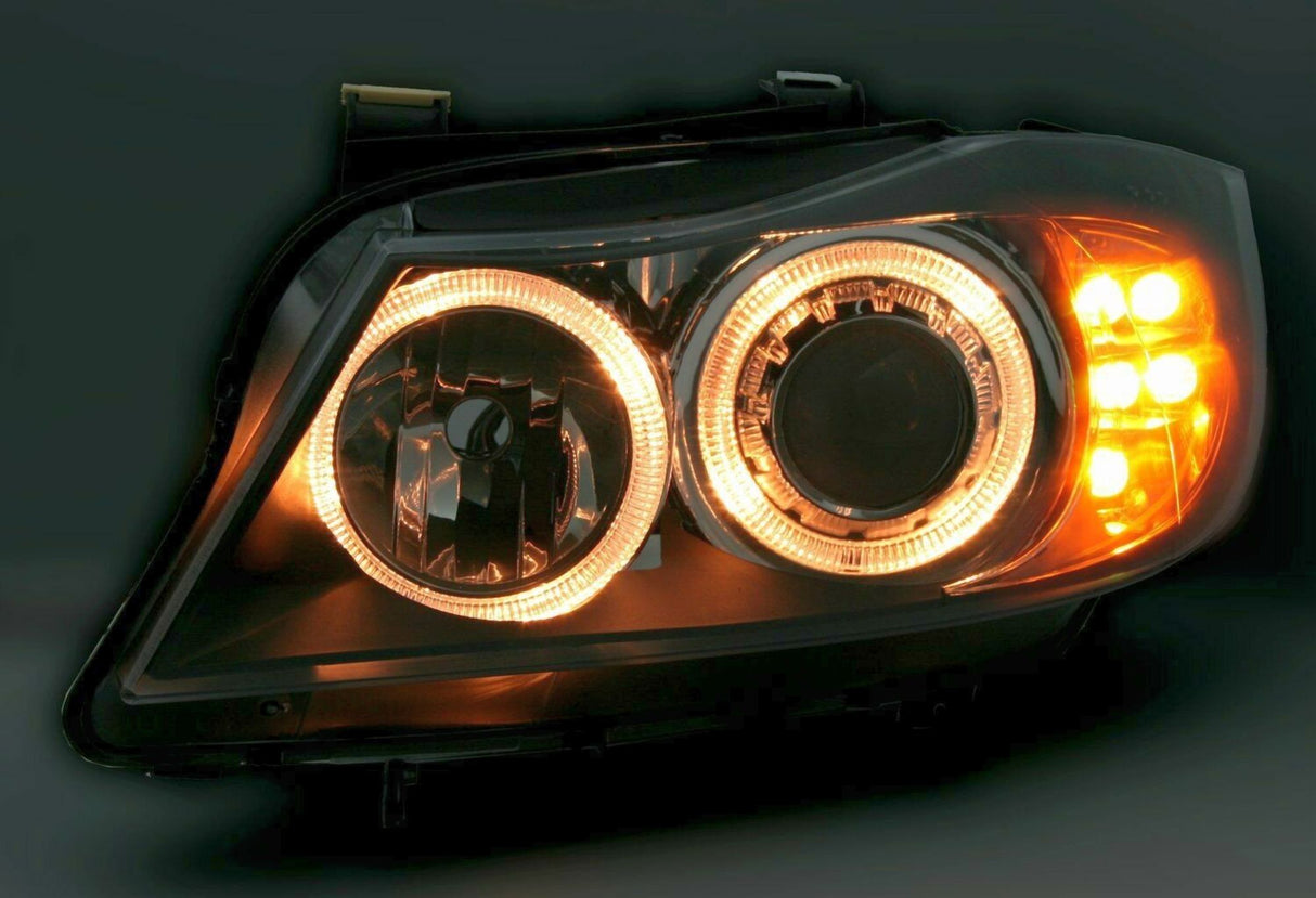 Scheinwerfer mit Angel Eyes und LED Blinker orange, Tuning Scheinwerfer für BMW E90 E91
