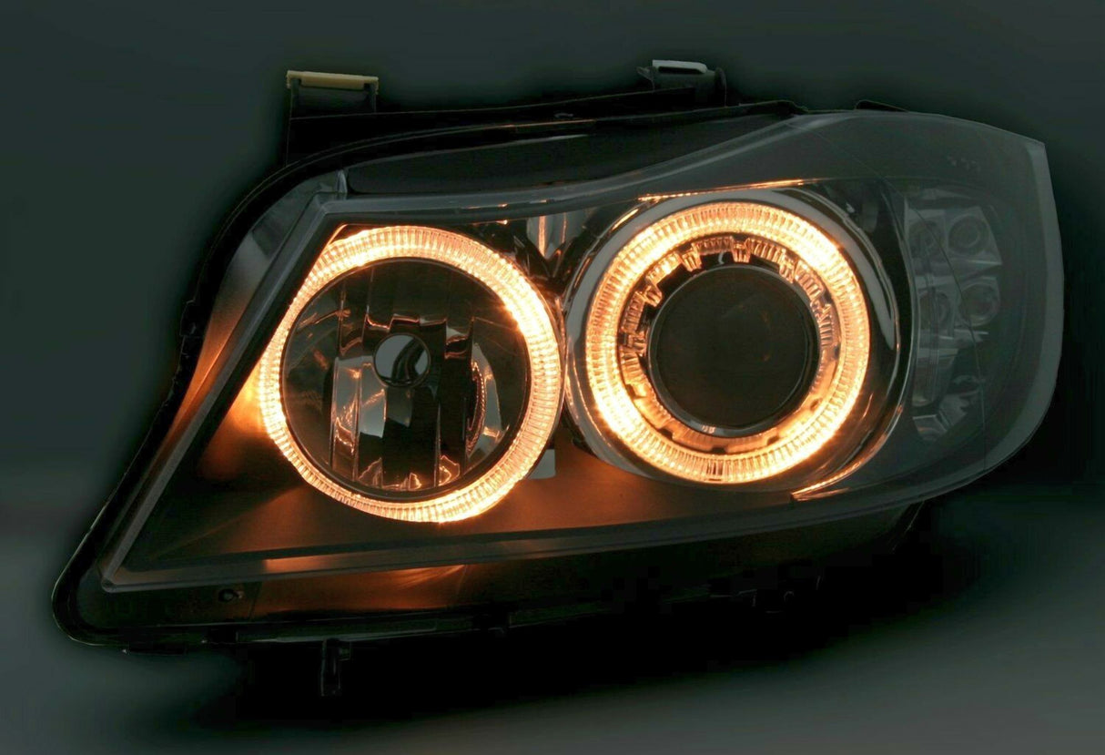 Scheinwerfer mit Angel Eyes Ringen, LED Tagfahrlicht und Klarglasoptik für BMW E90 E91