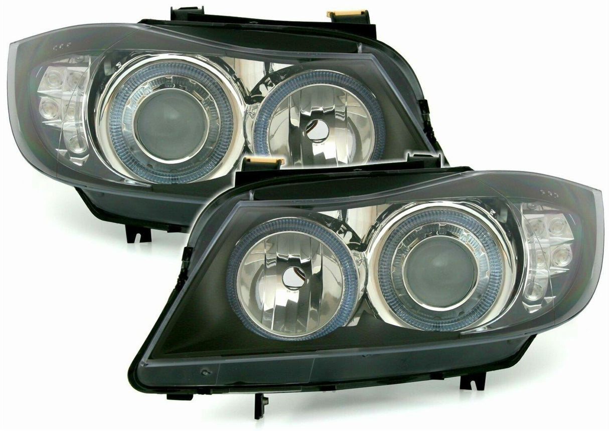Scheinwerfer mit LED-Standlichtringen und Klarglas, schwarz, Tuning-Scheinwerfer für BMW E90 E91
