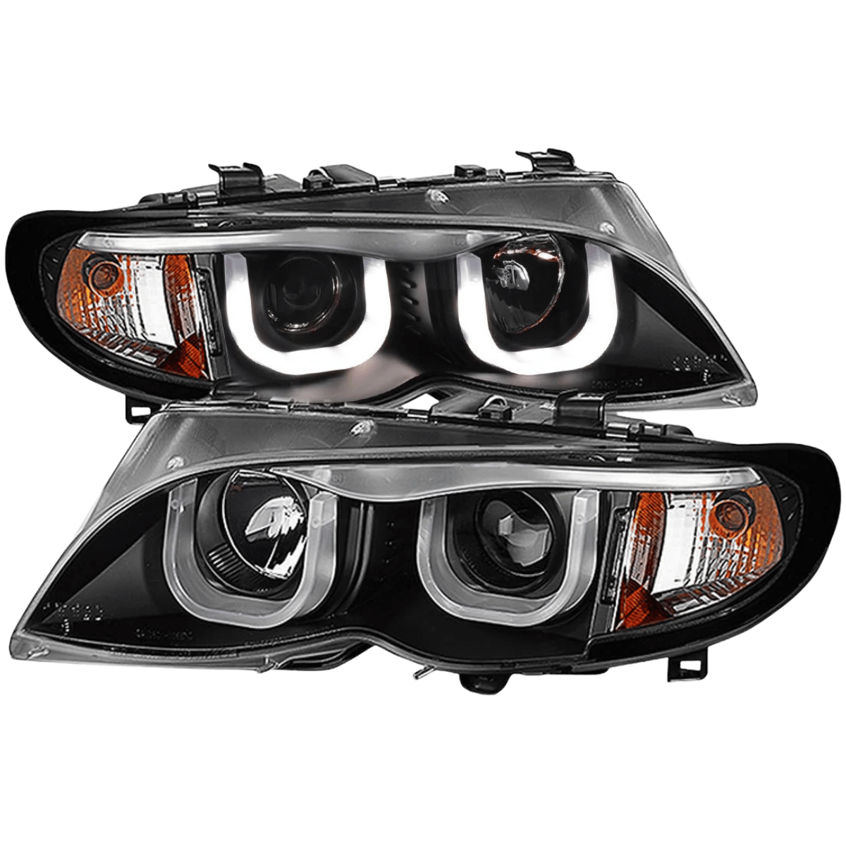 Scheinwerfer mit weißem Standlichtring und orangefarbener Blinker-Einheit für BMW E46