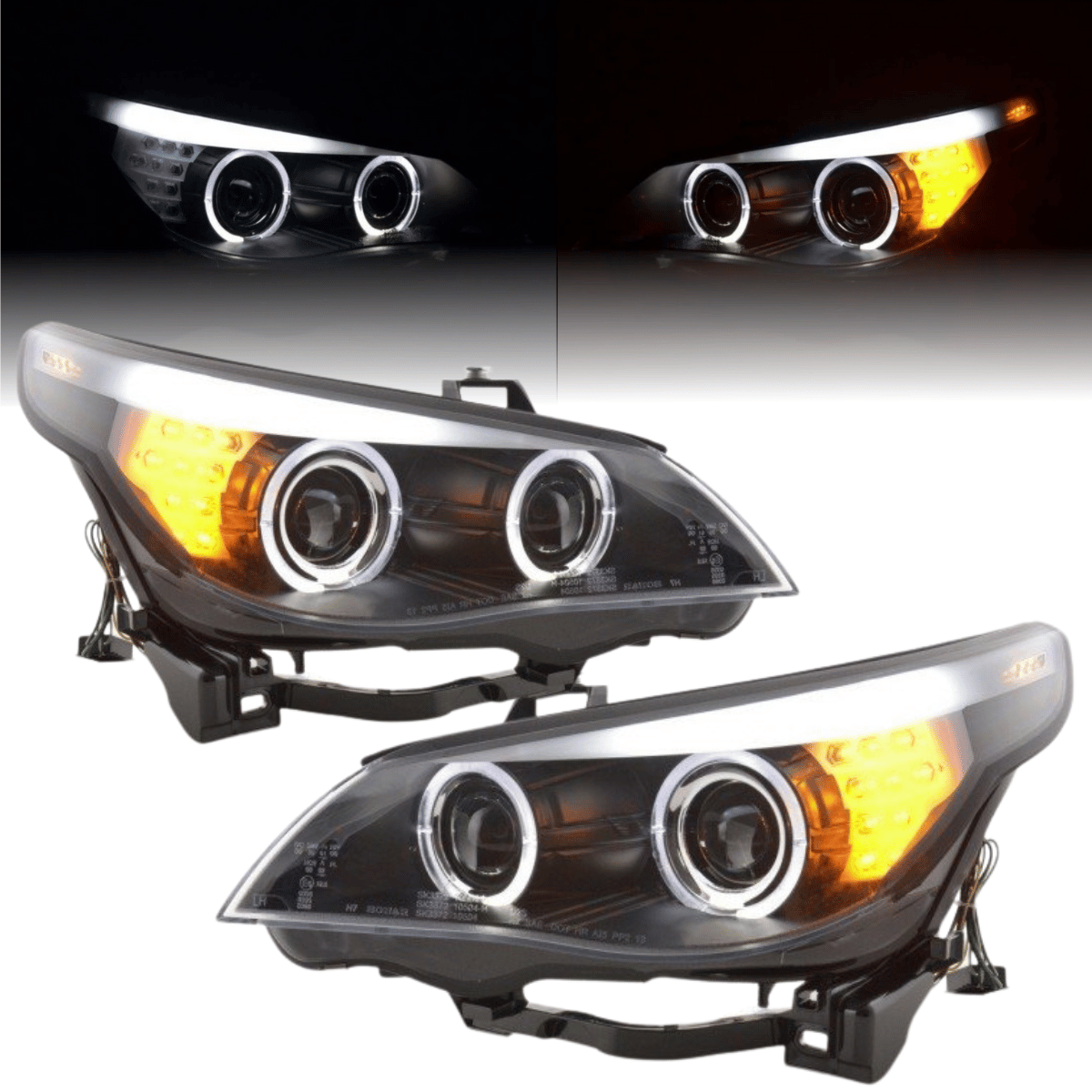 Angel Eyes LED Scheinwerfer Set Schwarz für BMW 5er E60 E61 2003–2007 mit LED Blinker
