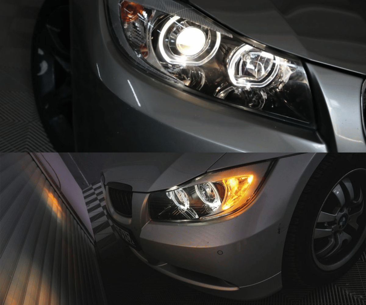Scheinwerfer mit LED-Standlichtringen und gelbem Blinker, Tuning-Scheinwerfer für BMW E90 E91
