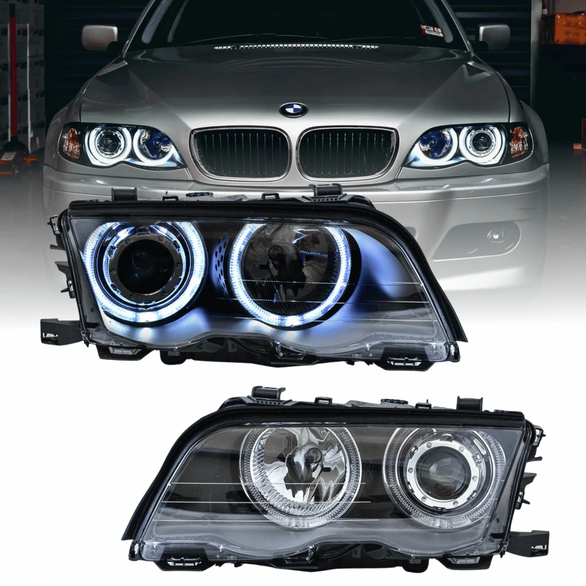 LED Angel Eyes Scheinwerfer Set für BMW 3er E46 2001-03.2005 Limo Touring schwarz - CR Tuning