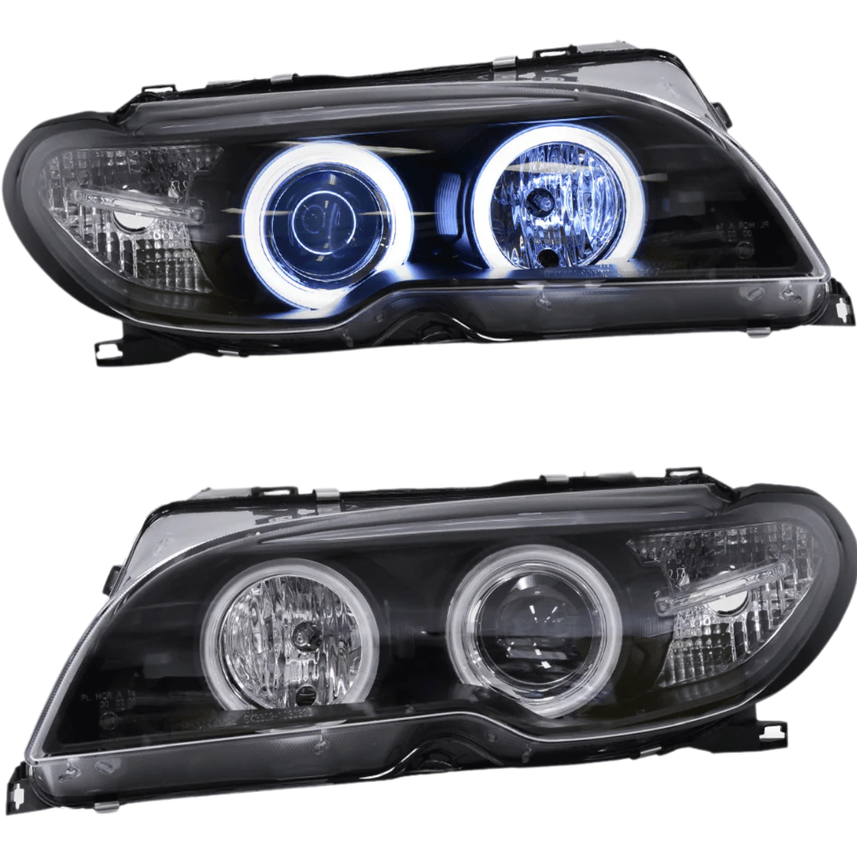 LED Scheinwerfer mit Angel Eyes und blauem Standlicht, schwarzes Gehäuse für BMW E46