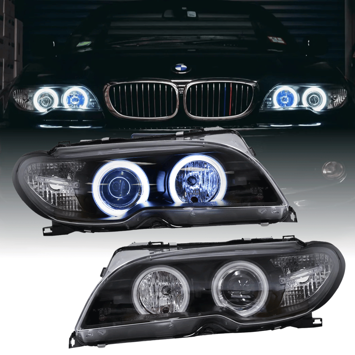 Scheinwerfer Set CCFL schwarz mit blauen Ringen für BMW E46 Coupe Cabrio Angel Eyes