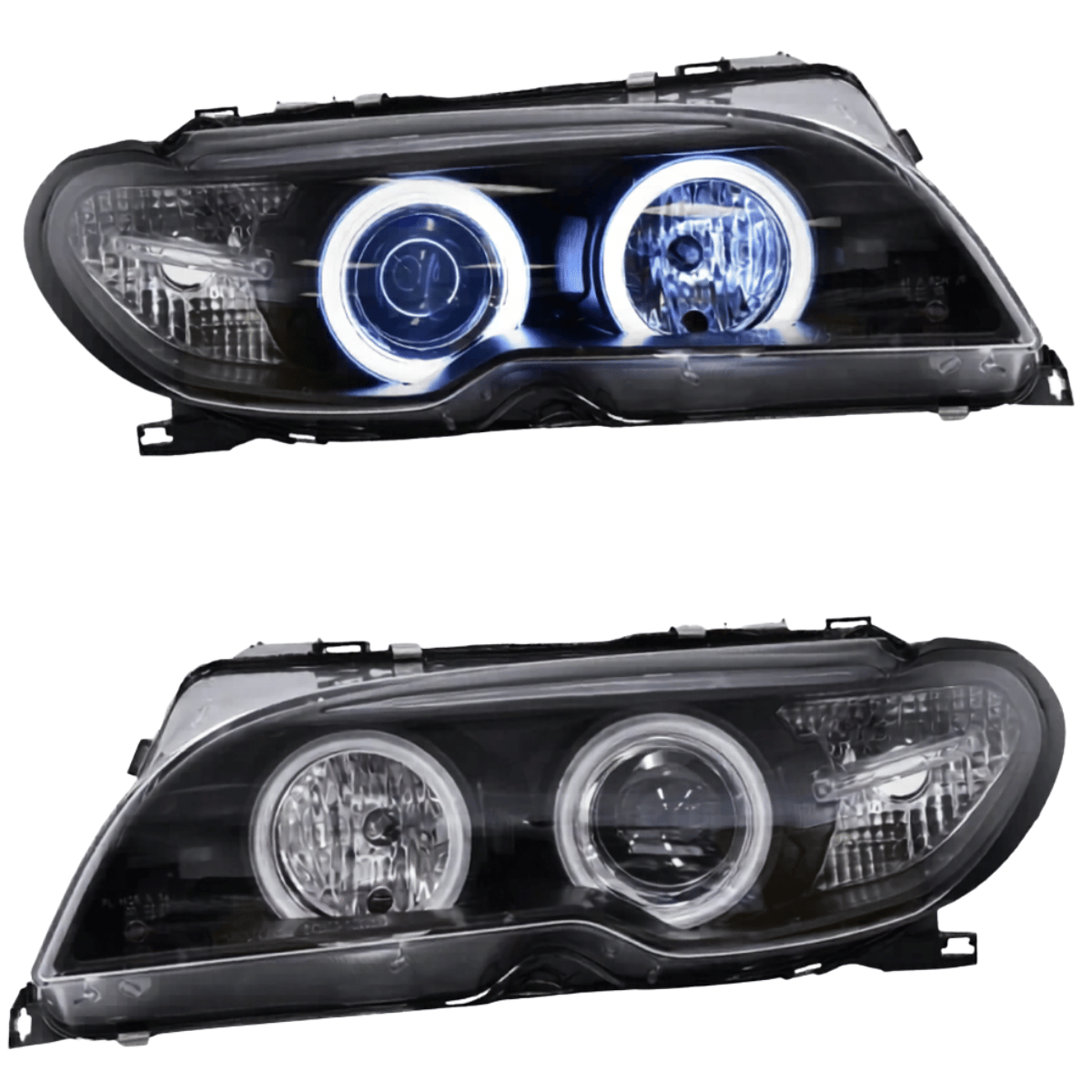LED Scheinwerfer mit blauen Standlichtringen und klarem Glas für BMW E46