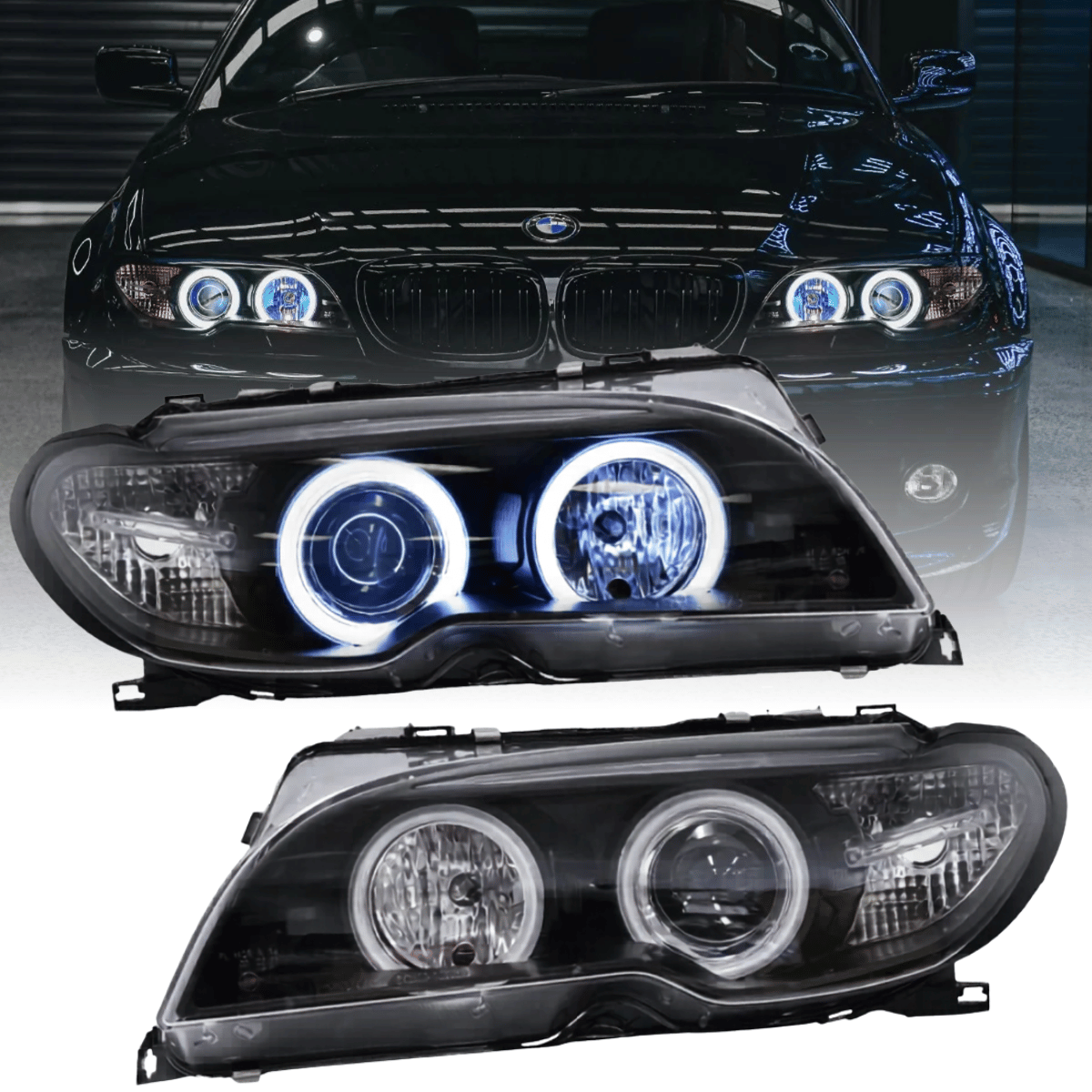 Scheinwerfer schwarz mit CCFL Angel Eyes und Xenon-Optik für BMW 3er E46 Coupe Cabrio