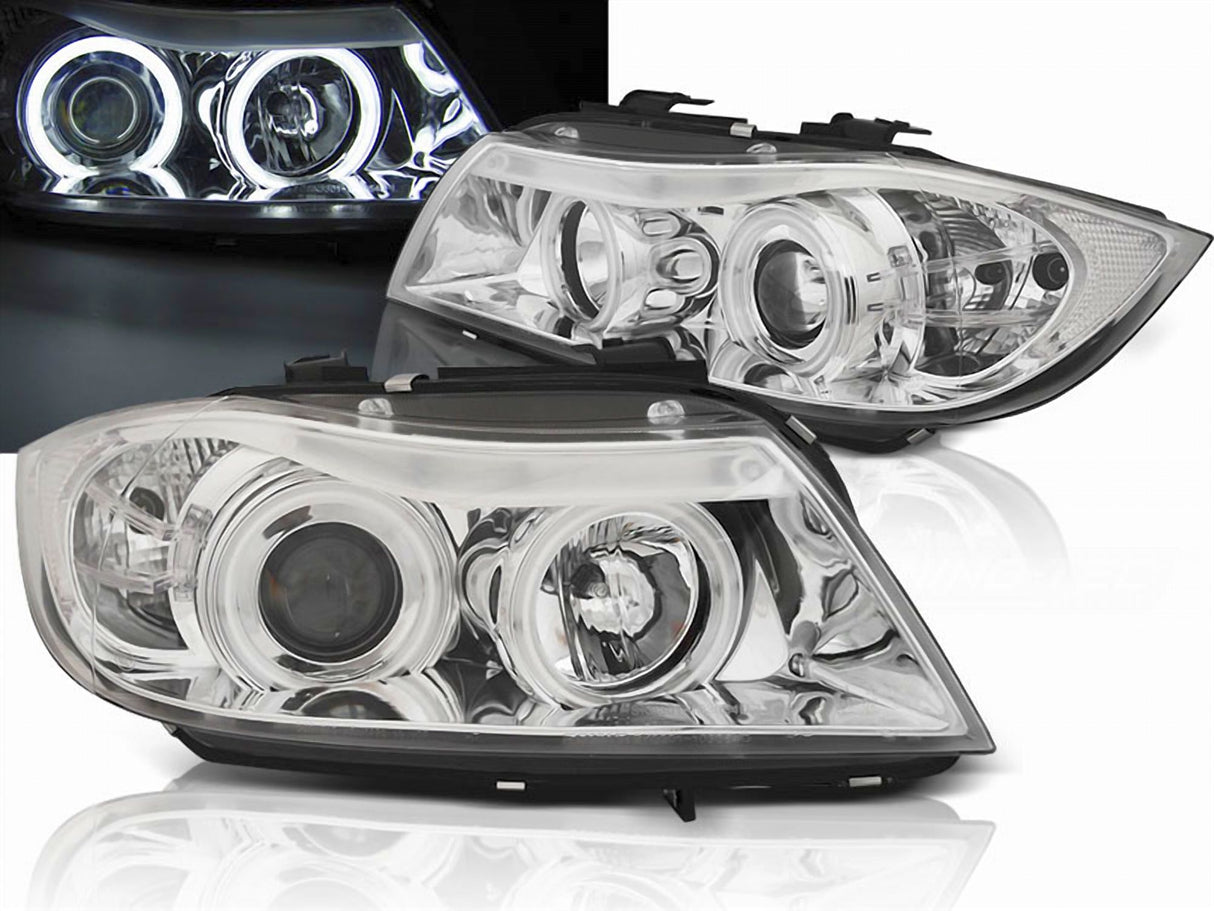 Angel Eyes Scheinwerfer Set CCFL chrom für BMW E90 E91, LED Tagfahrlicht Optik