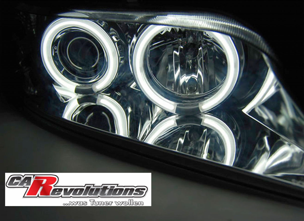 LED Scheinwerfer mit weißem Standlichtring für BMW E46 Coupe Cabrio, Tuning Scheinwerfer